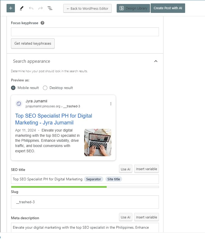 On-page SEO meta title and description
