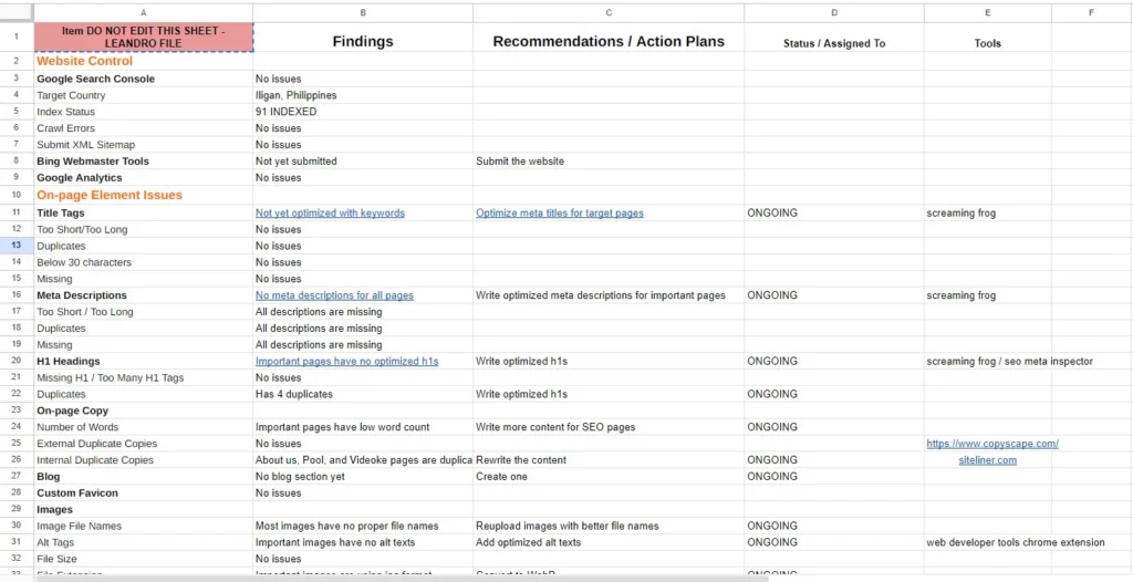 SEO site audit format